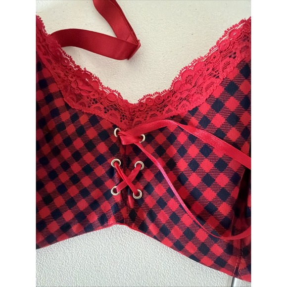 Fredricks of Hollywood Bra Red Gingham 40DD Lace up Black Front Bra Padded - Picture 9 of 10